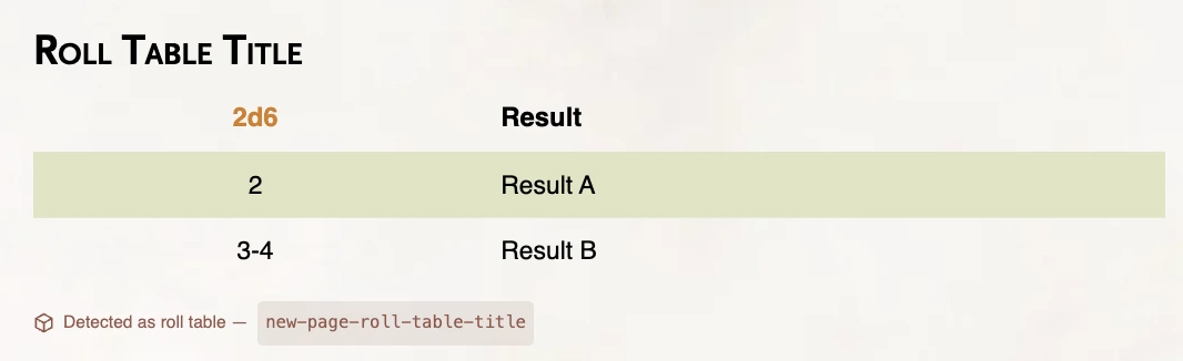 A roll table, auto-detected, with its preview caption