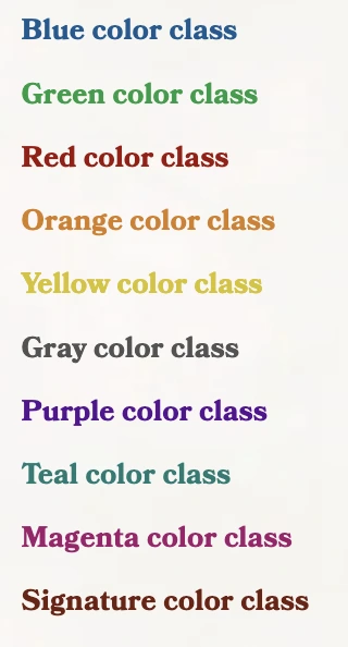 Ten lines of bold text, each in a different color class