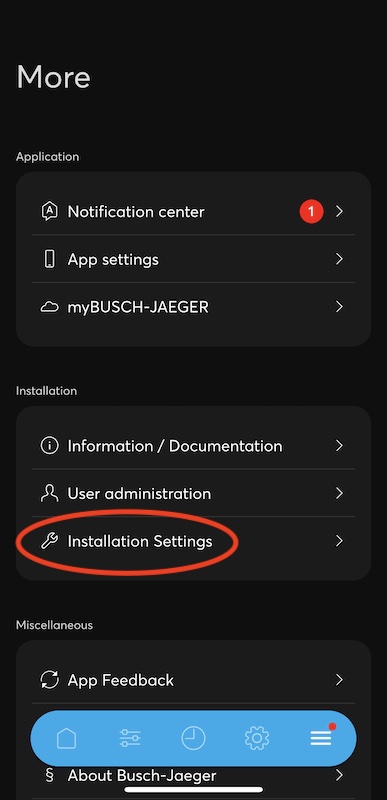 Screenshot of the Installation Settings option in the app