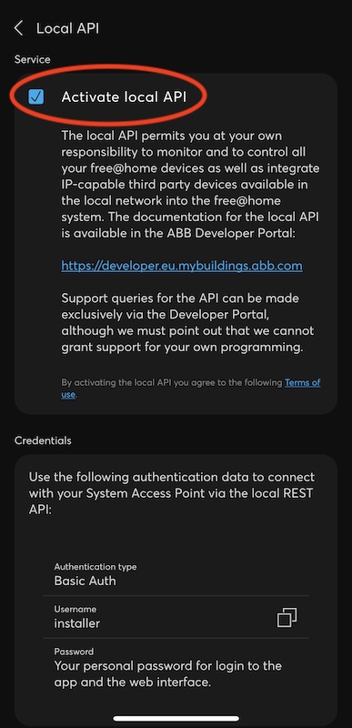 Screenshot of the Enable Local API Setting in the app