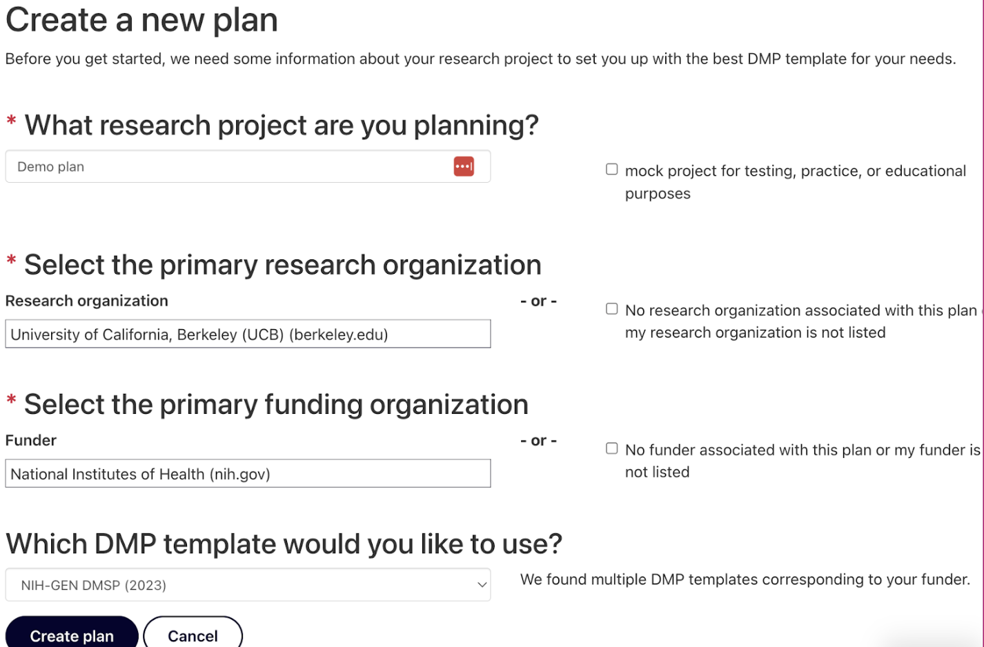 Screenshot of the Create plan page