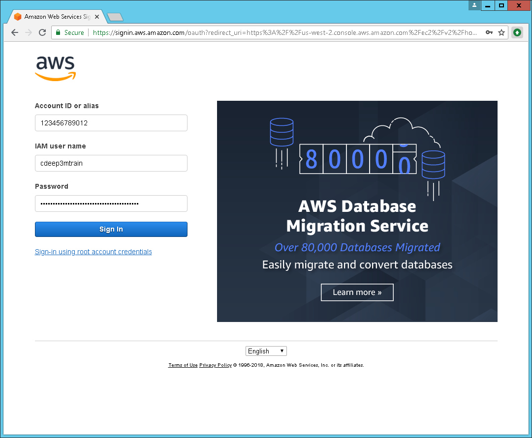 AWS login console page
