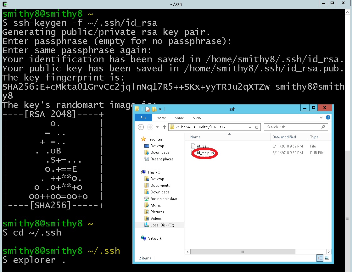 Terminal showing ssh key generation and explorer window showing public key