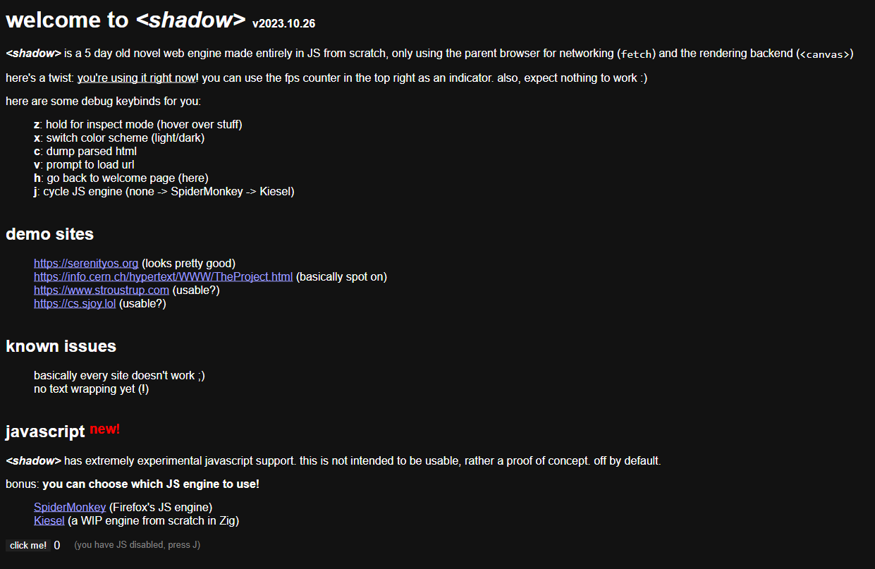 Screenshot of Shadow&rsquo;s welcome page in shadow