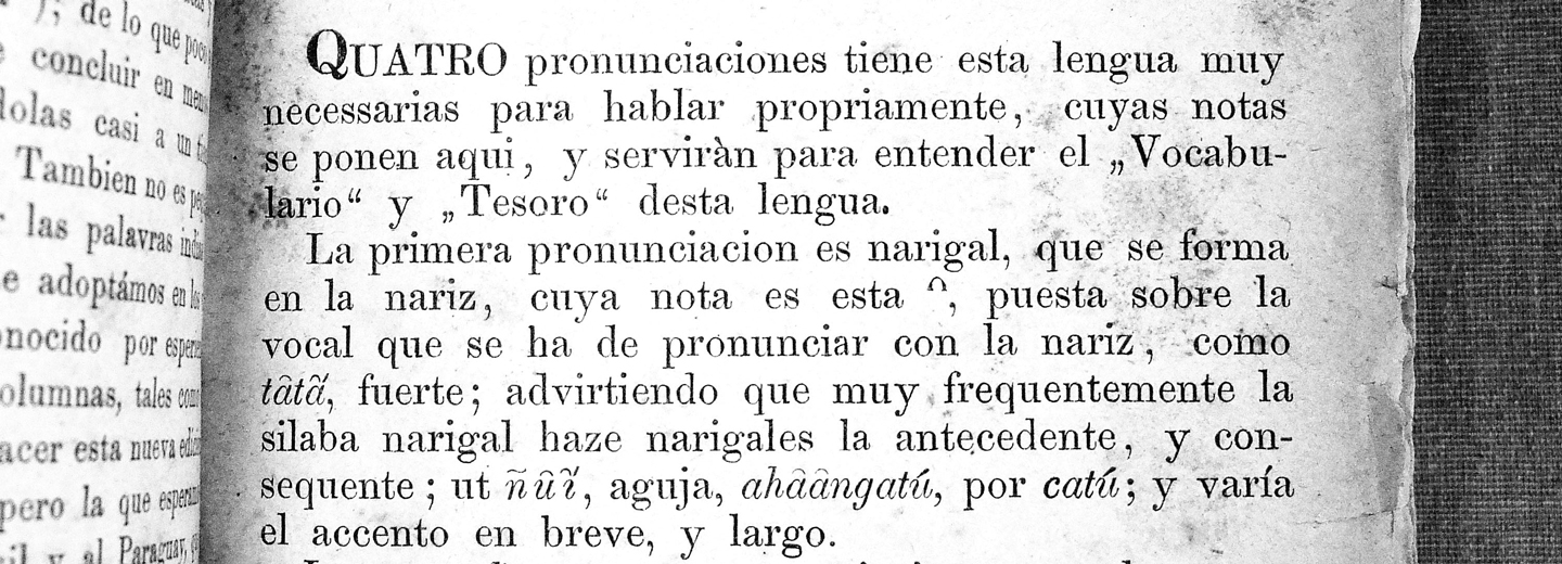 Página del Preludio del libro «Arte», unos de los libros del «Tesoro de la lengua Guaraní» de Antonio Ruiz de Montoya reeditado sin alteración alguna por B.G. Teubner, 1876.