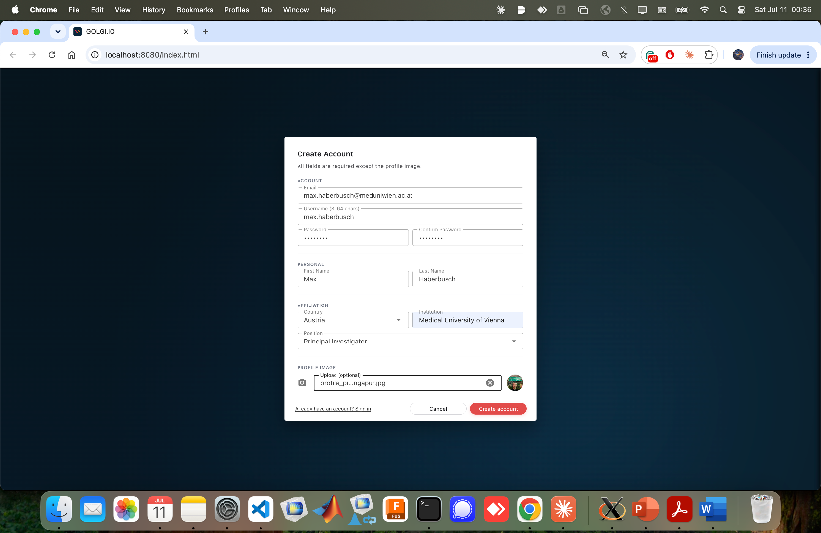 Create Account form
