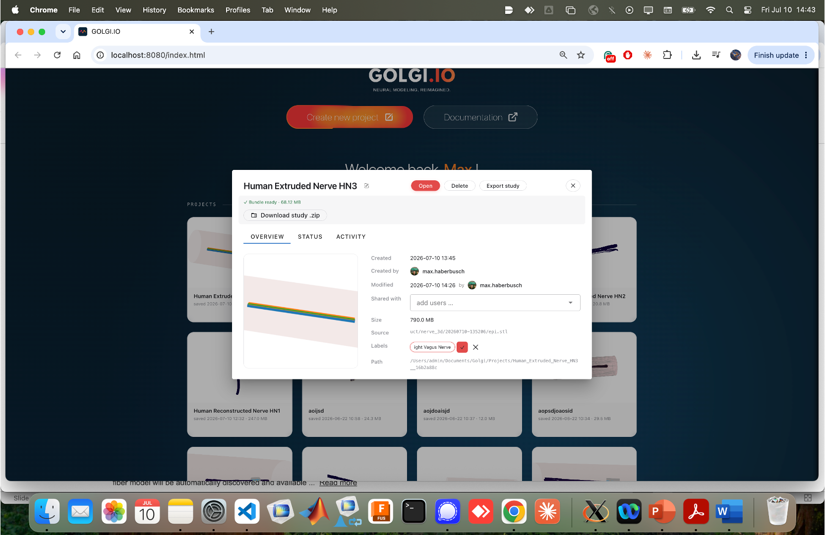 Project details dialog header with export actions