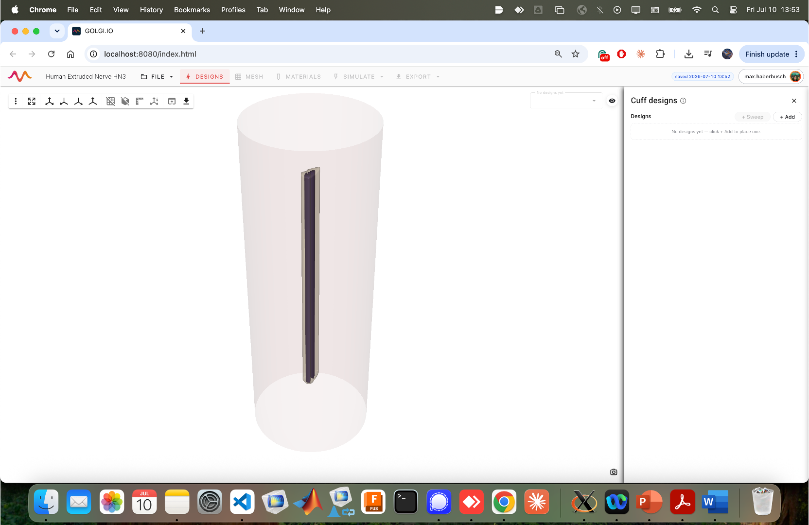 DESIGNS tab — empty cuff panel