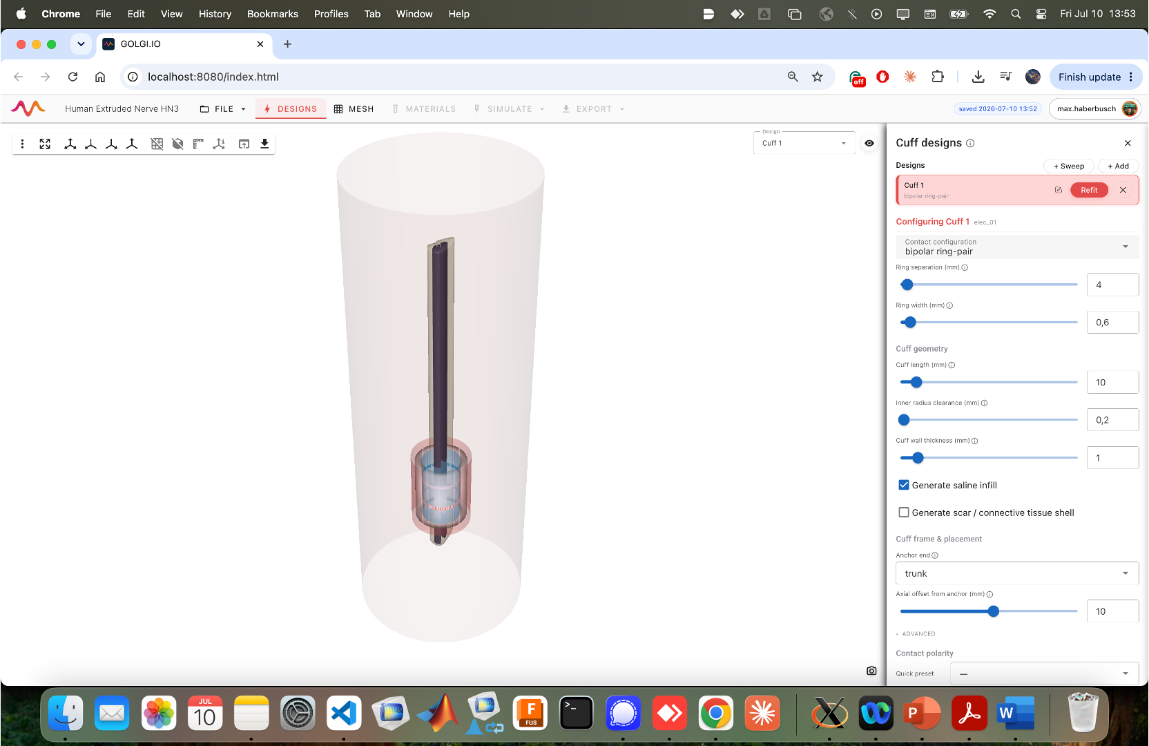 Configuring Cuff 1 — contact and geometry