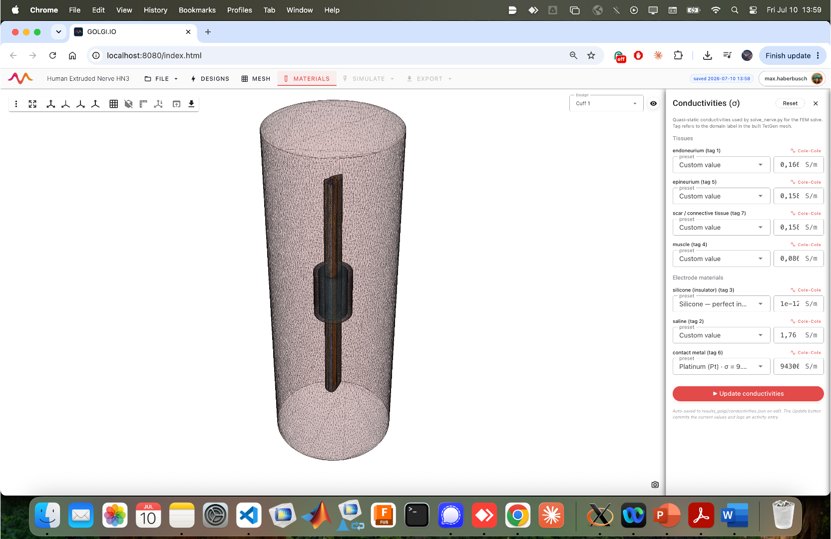 MATERIALS tab — conductivities