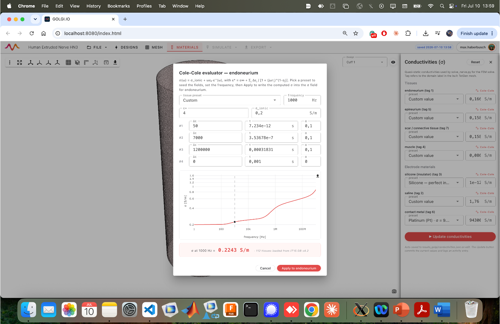 Cole–Cole evaluator — frequency-dependent tissue conductivity from the IT'IS database