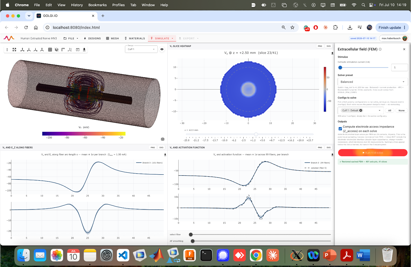 FEM results — heatmap, along-fiber profiles and activation function