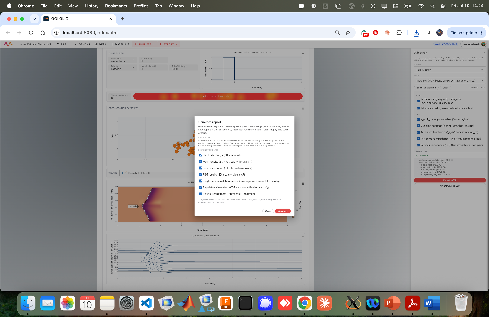 Generate report — section picker