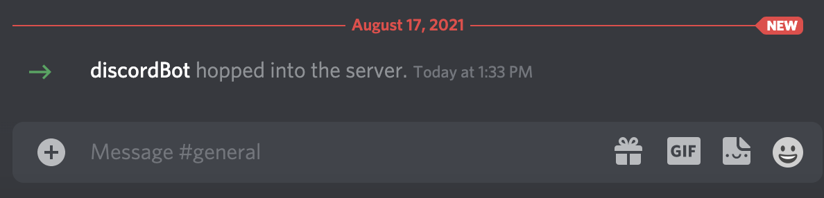 Discord message letting us know a bot has joined the server