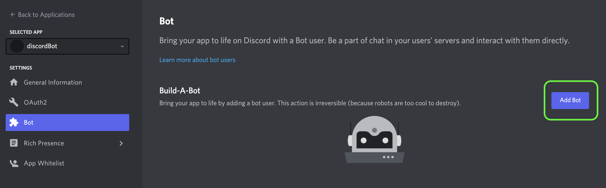 Application’s bot page with an add bot button