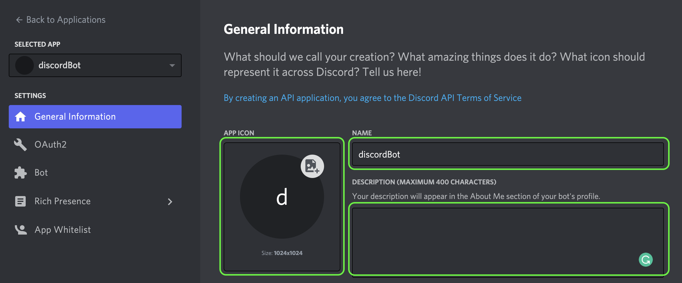 Application’s general information page with a customizable icon image and an About Me section