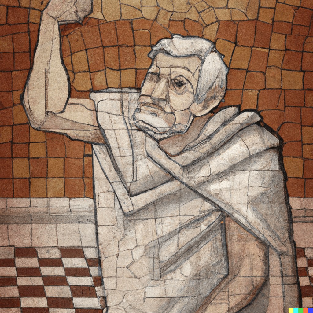 A Roman mosaic of a white Roman man in yoga shaking fist at sky