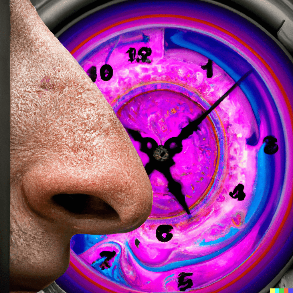 A big nose in front of a purple melting clock