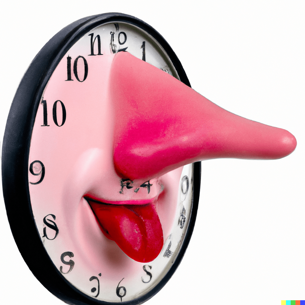 A big nose and tongue sticking out of a clock