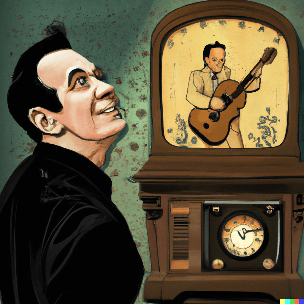 A mash up of a tv and grandfather clock next to a cartoony Johnny Cash