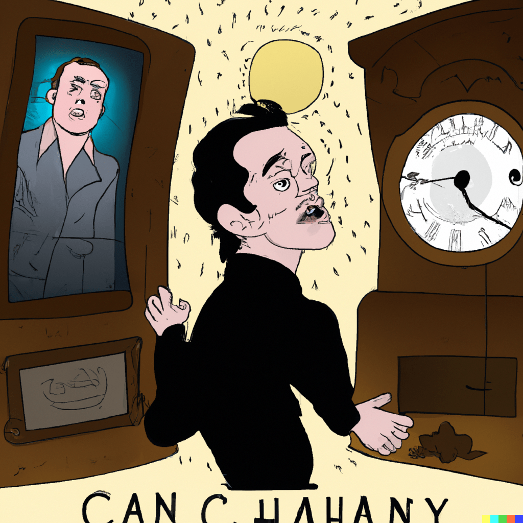 Cartoon Johnny Cash next to a grandfather clock
