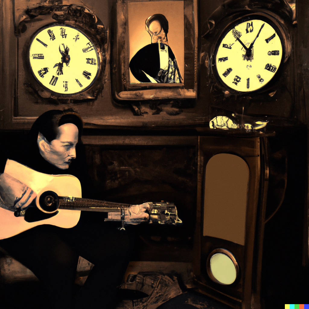 A dark haunting version of a distorted Johnny Cash next to a grandfather clock