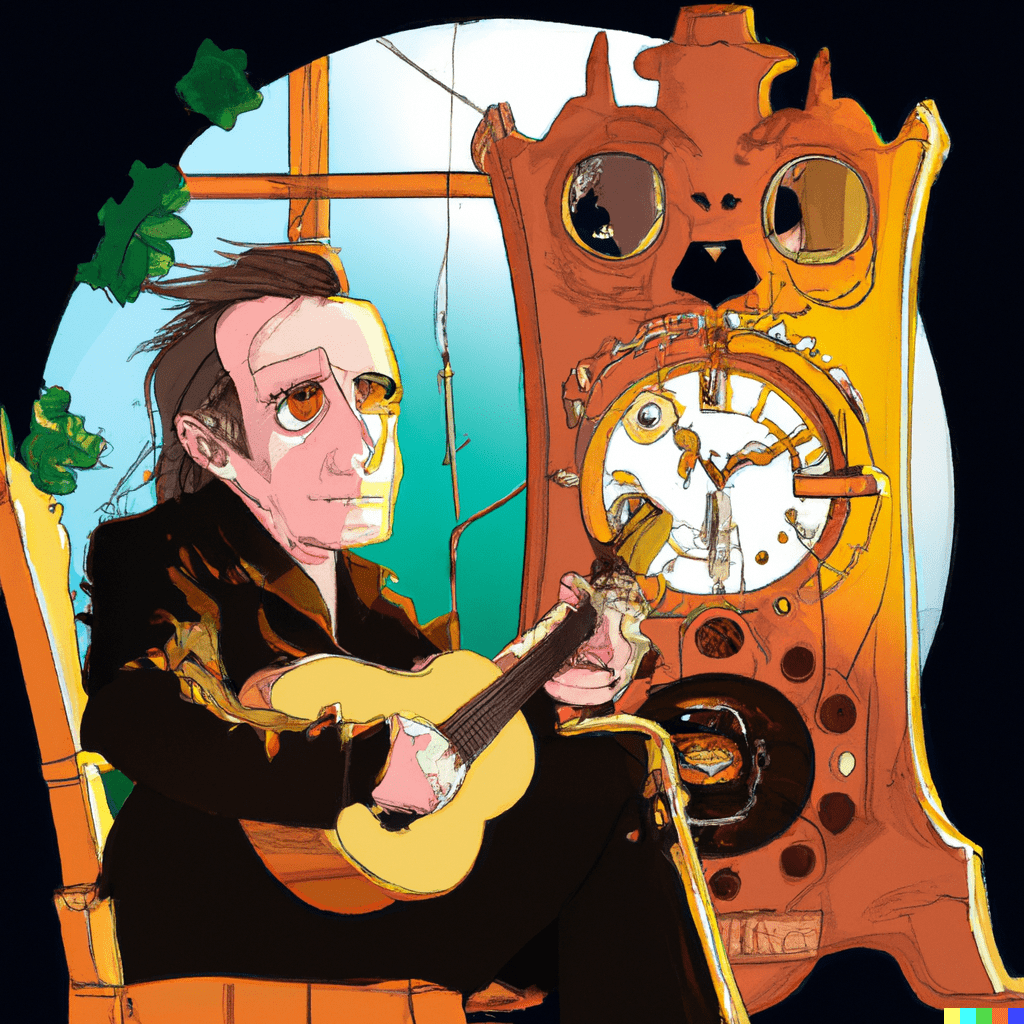 A Studio Ghibli retelling of Johnny Cash sitting and playing his guitar in front of a grandfather clock