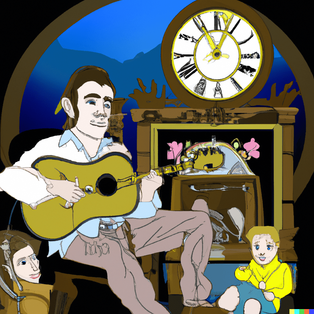 A sort of childs drawing of Johnny Cash playing to kids in front of a grandfather clock