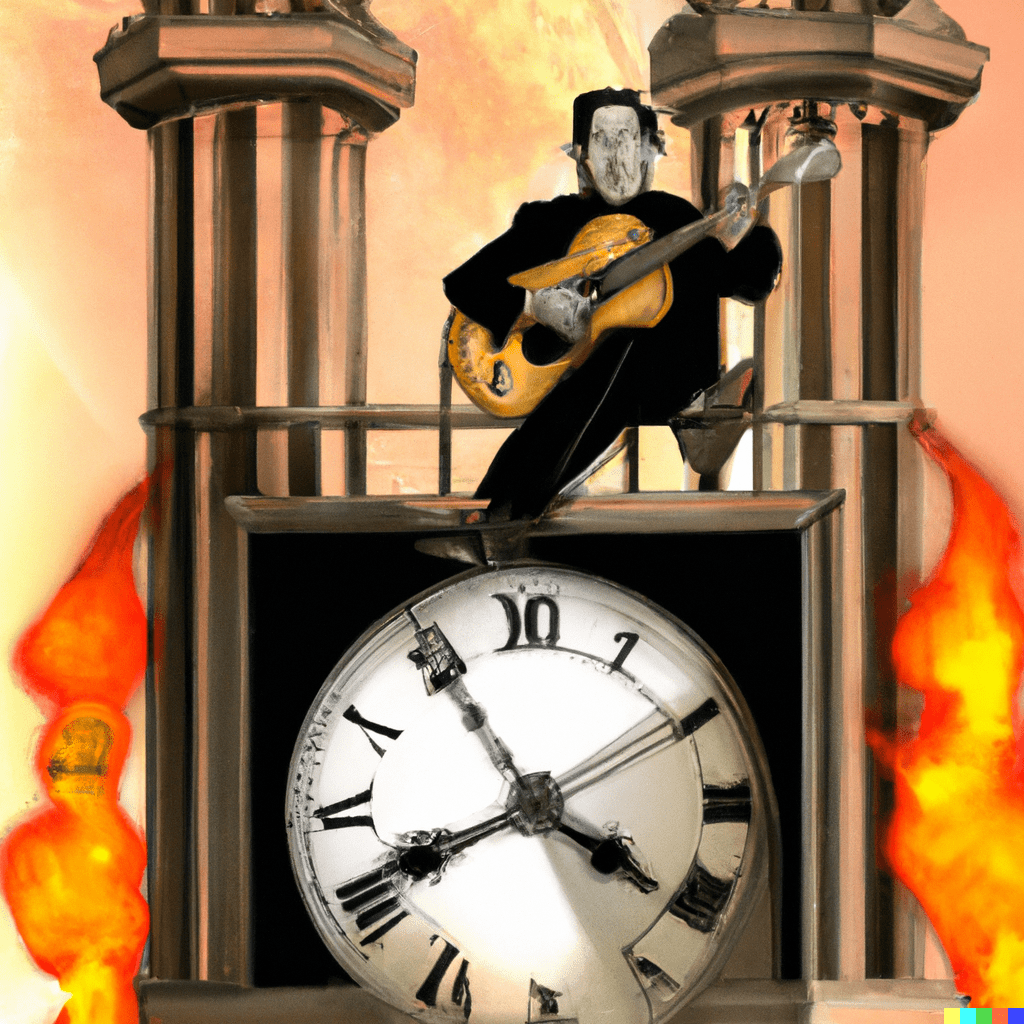 A distorted Johnny Cash sitting on top of a grandfather clock with flames at the bottom of the picture