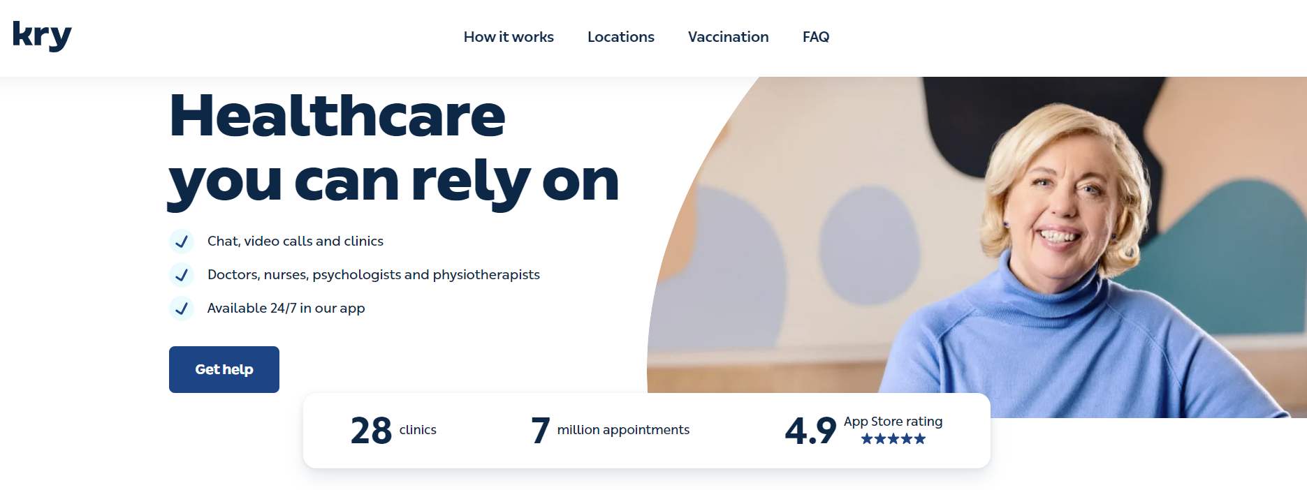 A screenshot of Kry homepage which says "Healthcare you can rely on. Chat, video calls and clinics. Doctors, nurses, psychologists and physiotherapists. Available 24/7 in our app