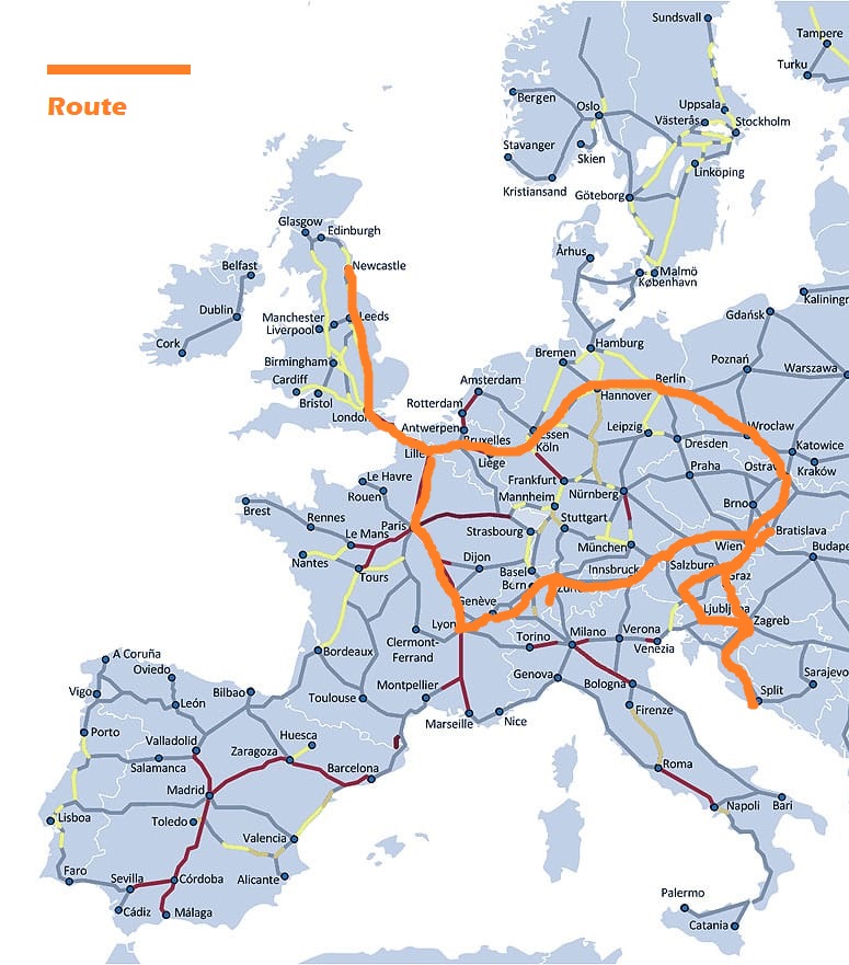 My route around on trains. Essentially UK to Germany, down to Austria, then to Croatia and eventually through Switzerland and back to the UK