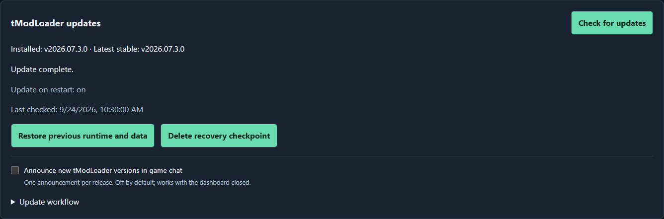 Runtime update status and checkpoint controls