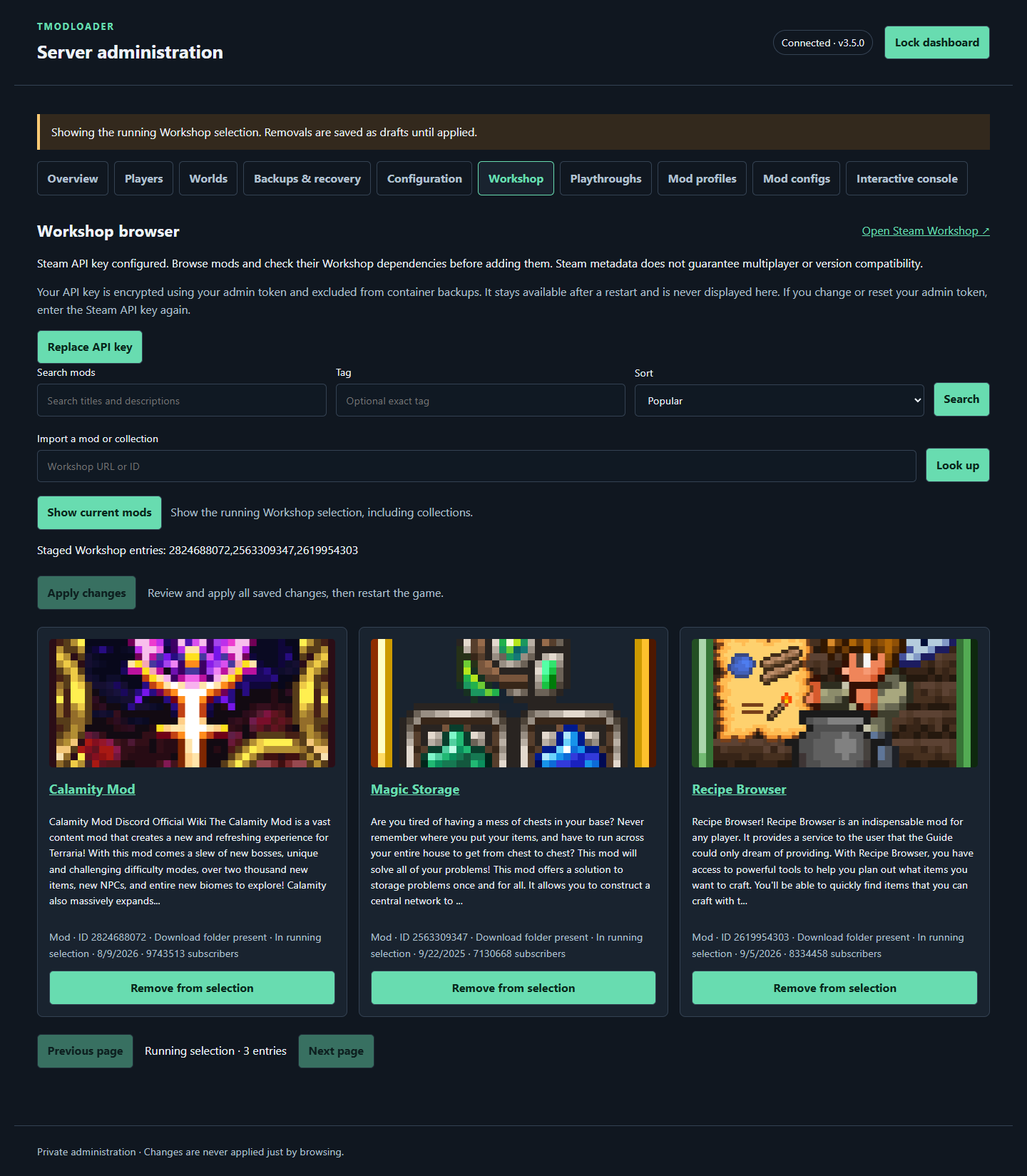 Workshop search with Calamity Mod, Magic Storage, and Recipe Browser cards