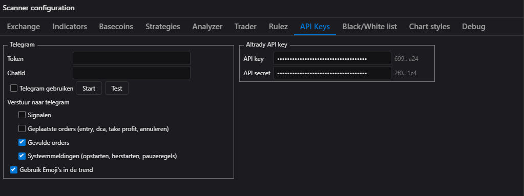 API Keys instellingen