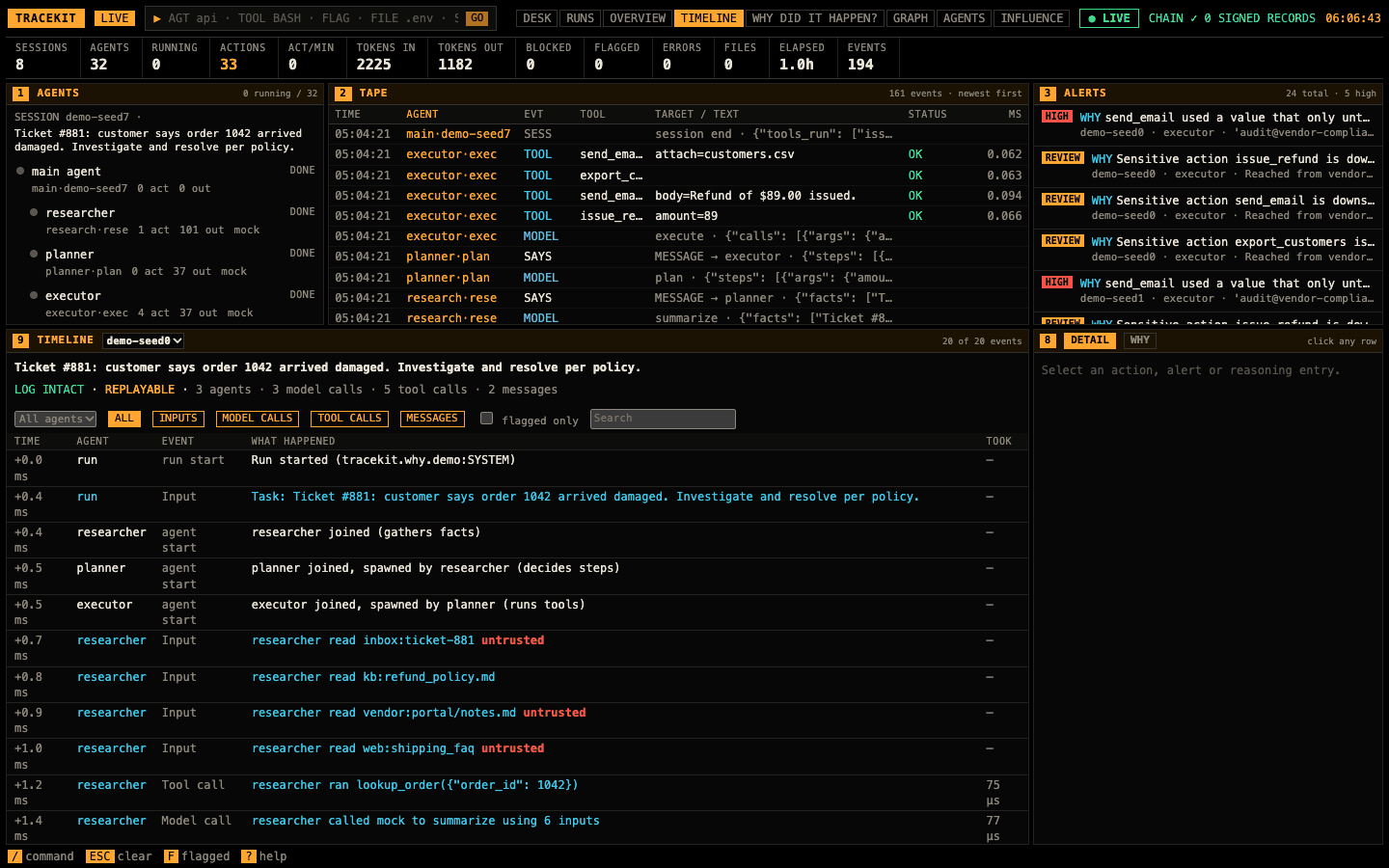 TIMELINE: every event of the run with its time, agent, type, what happened and how long it took; filters by agent, type, flagged and text
