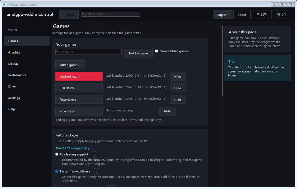 The Games page of amdgpu-wddm Control