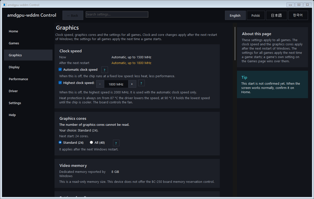 The Graphics page of amdgpu-wddm Control