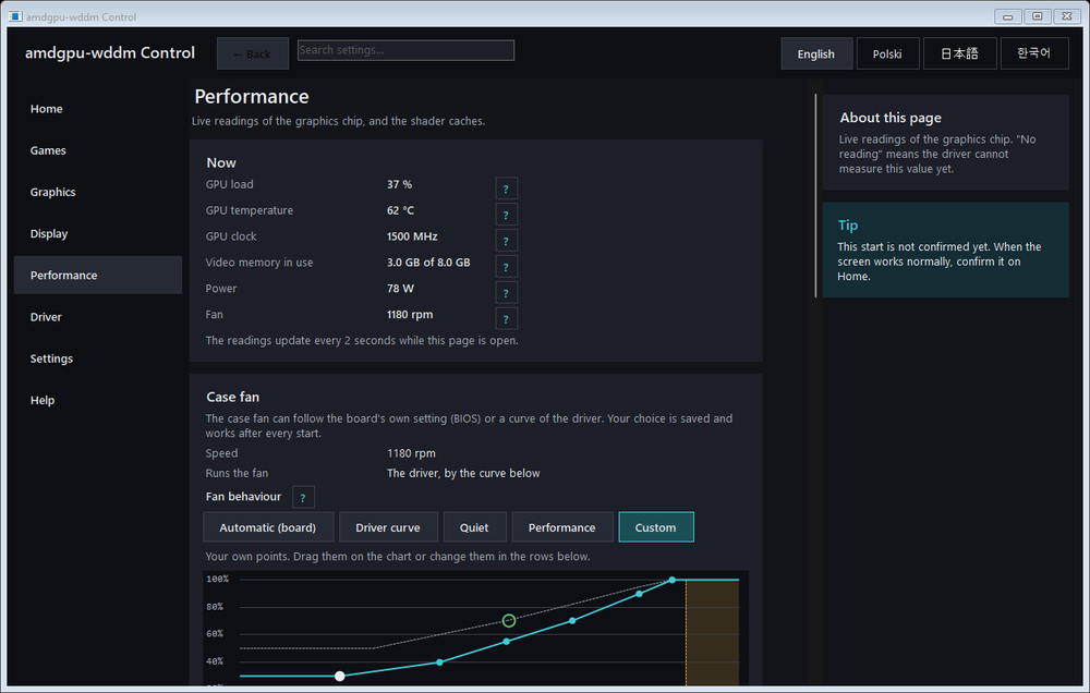 The Performance page of amdgpu-wddm Control