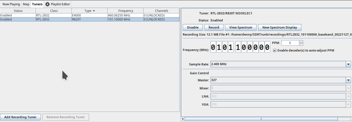 Image of the tuner's frequency control, PPM control and a checkbox to allow decoders to automatically adjust PPM error
