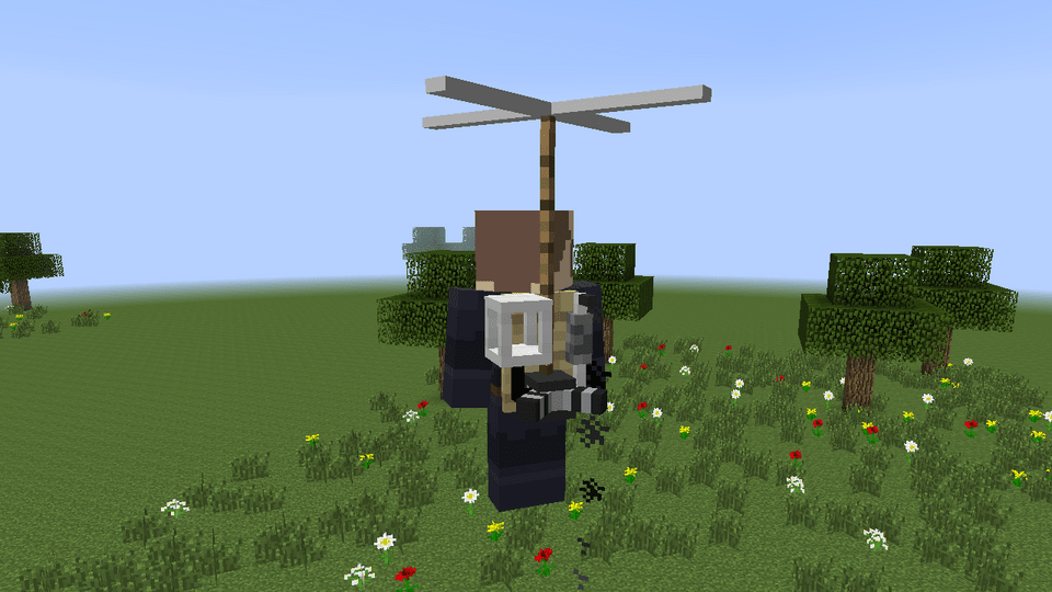 A player in the air with the Copter Pack running, seen from behind