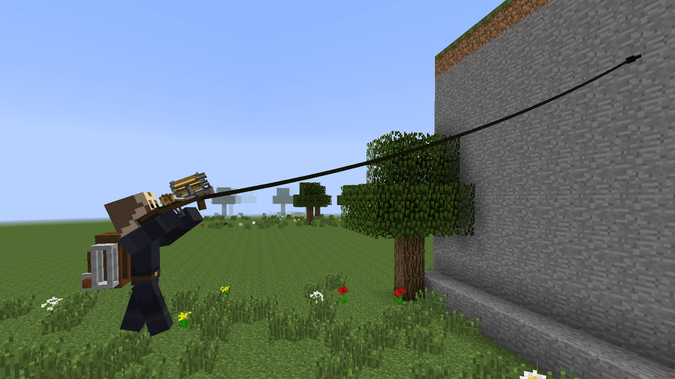 A player pulled by the grappling hook towards a cliff, with the rope drawn