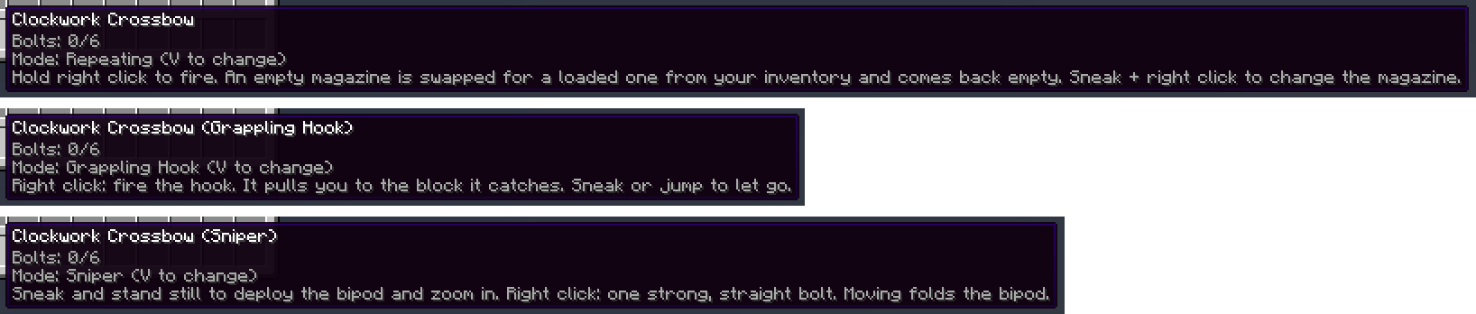 Crossbow tooltips in repeating, grappling hook and sniper mode