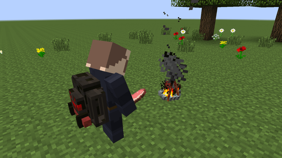 A campfire cooking beef, with smoke rising, and a player holding raw porkchop