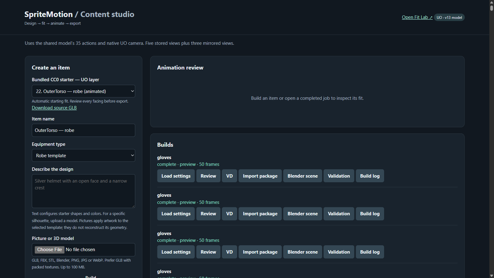 Content Studio with a starter selected