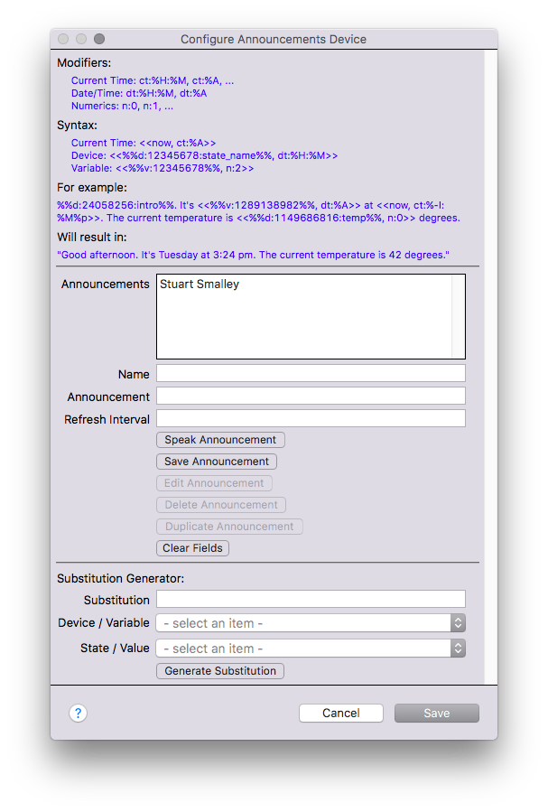 Announcements Device Dialog