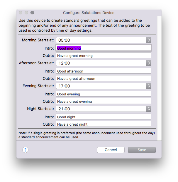 Salutations Device Configuration Dialog