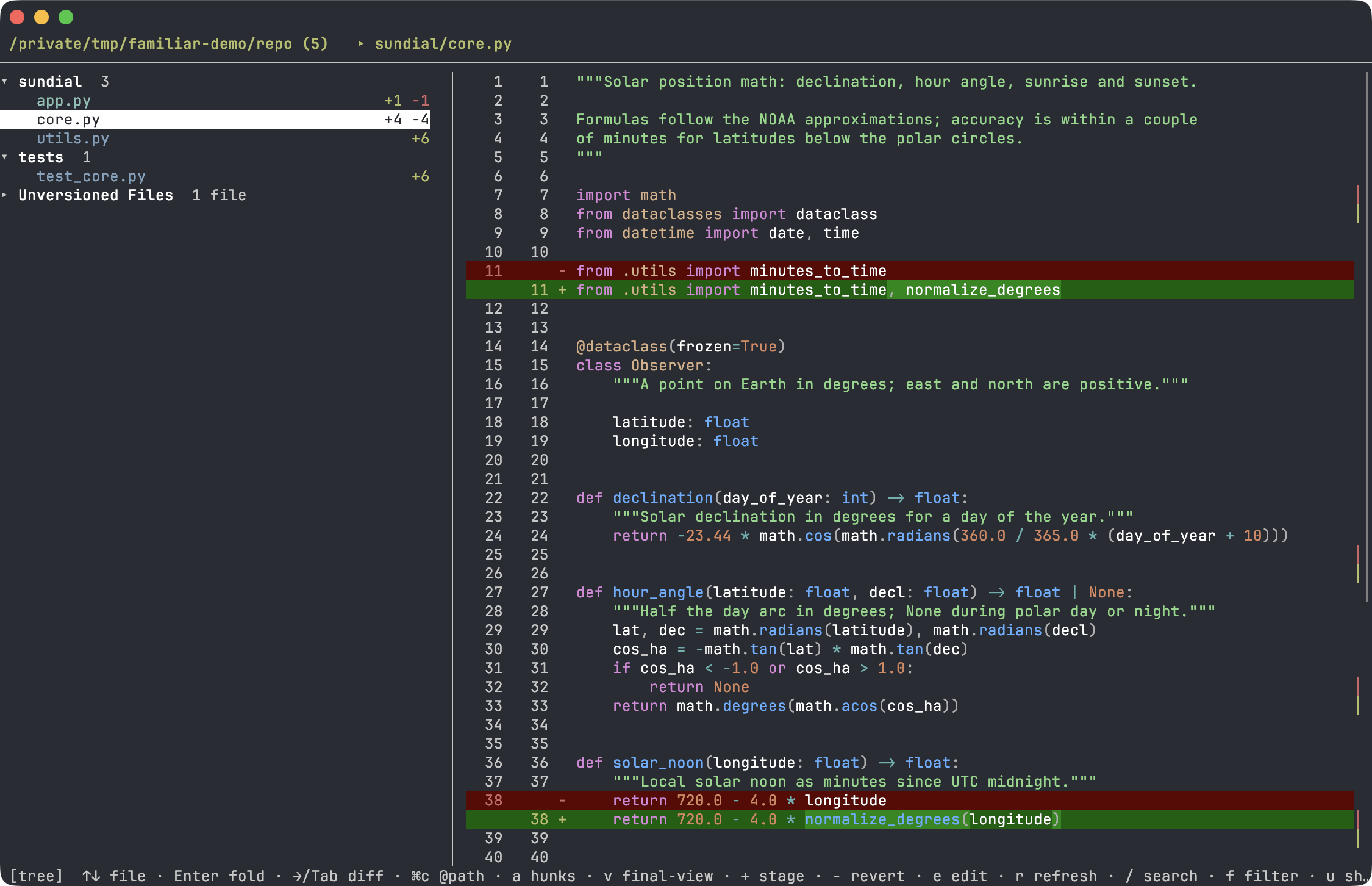 review — a full-file diff with syntax highlighting