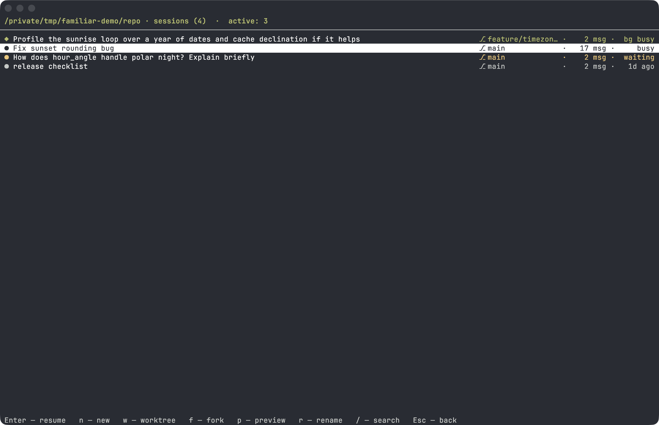 session — a project's session list with live status
