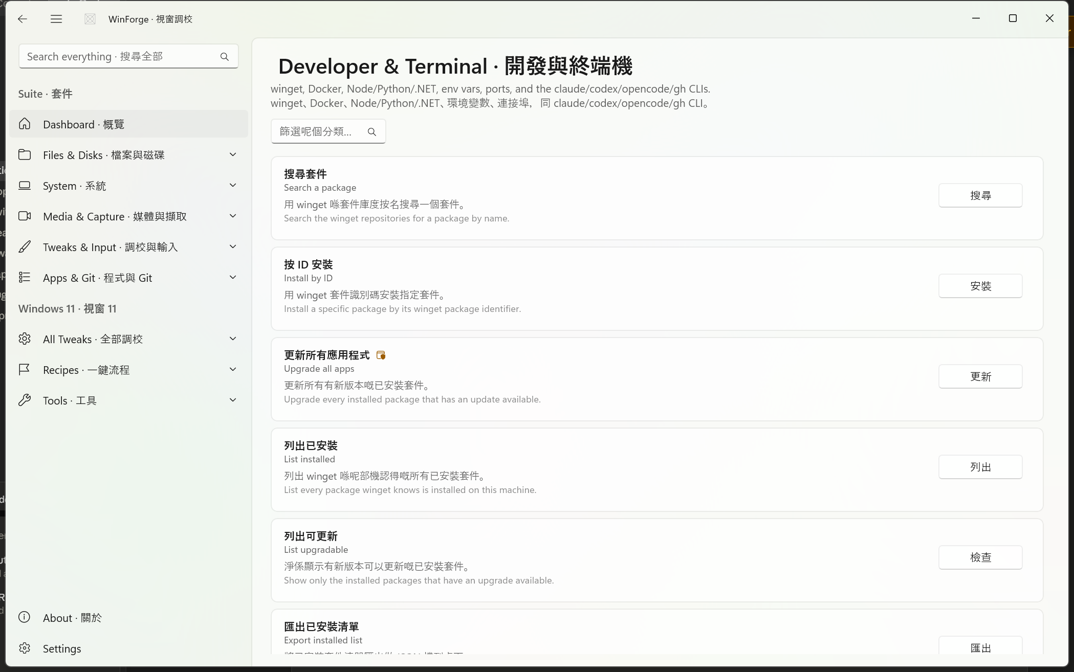 Developer & Terminal category with winget, Docker and runtime operations