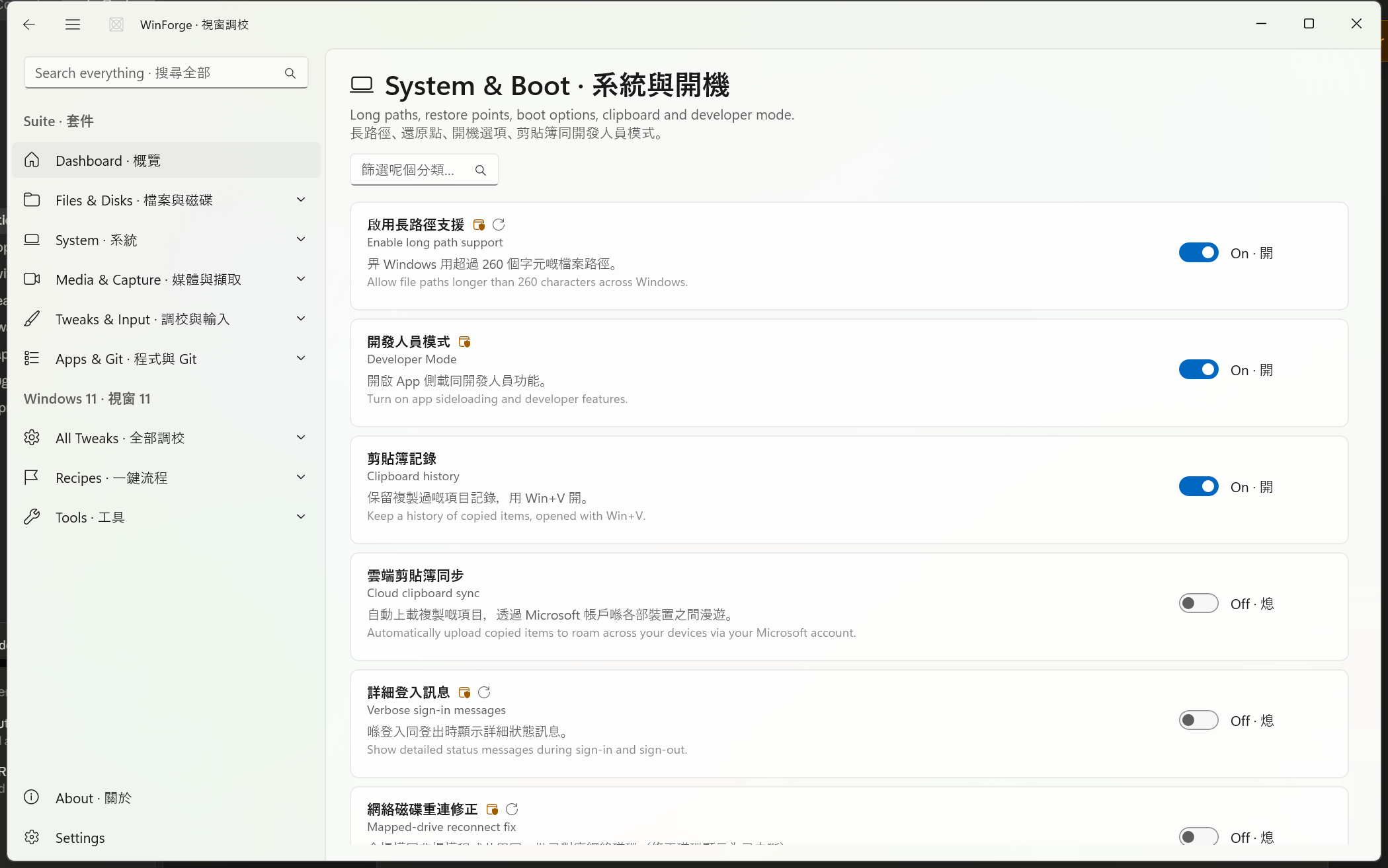 System tweaks category in WinForge